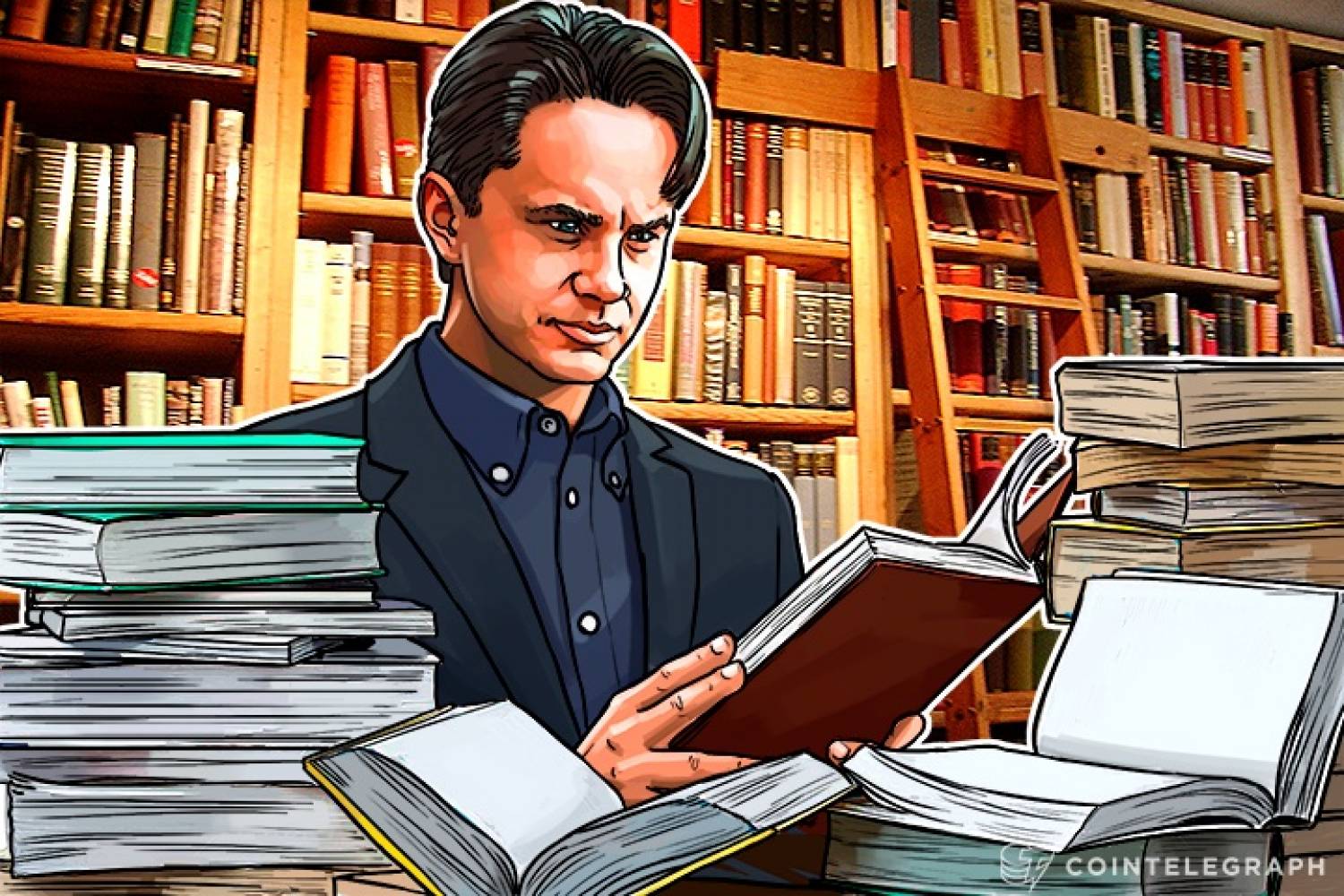 Seorang lelaki membaca buku mengenai ICO dan blockchain