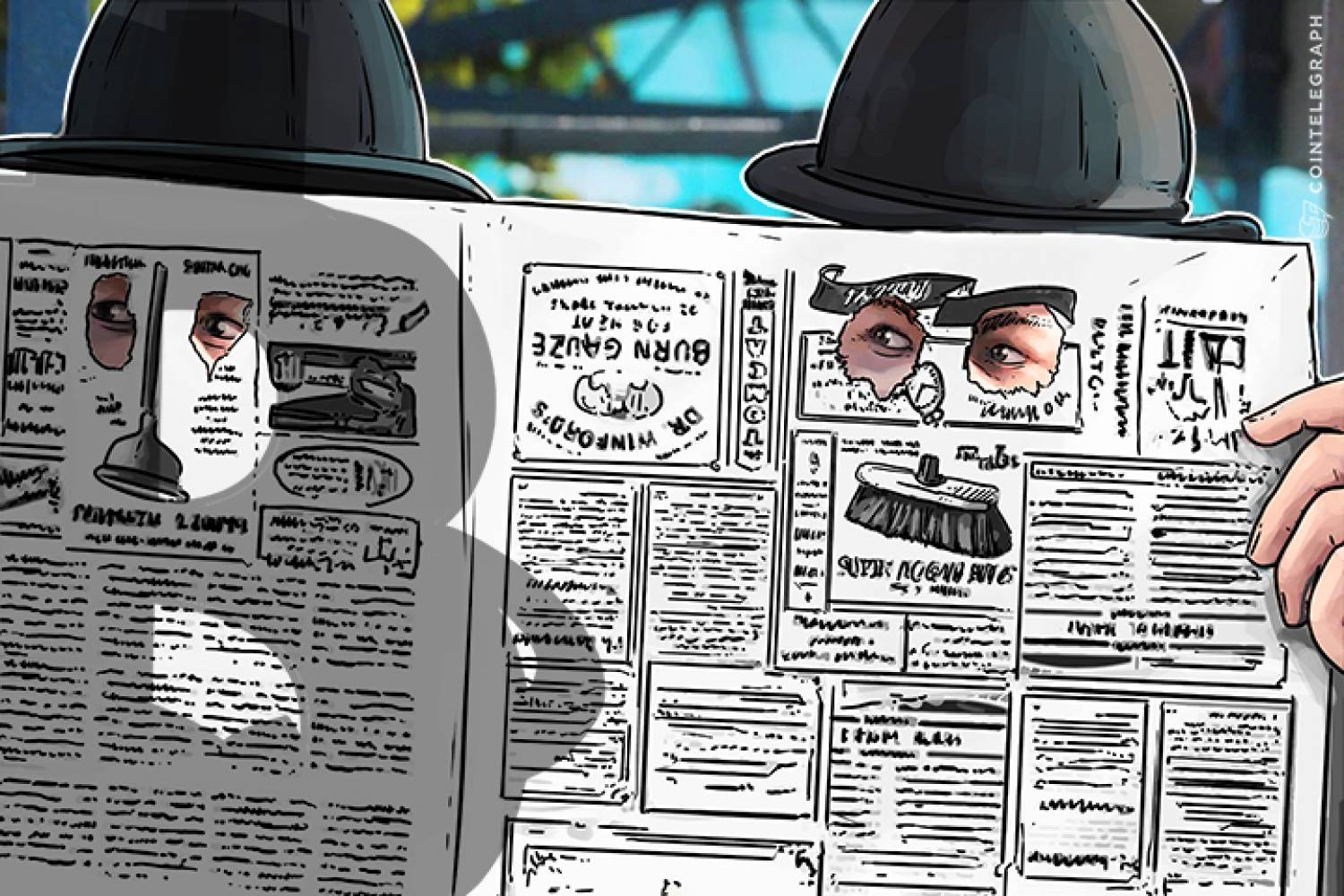 Dua lelaki melihat melalui surat khabar